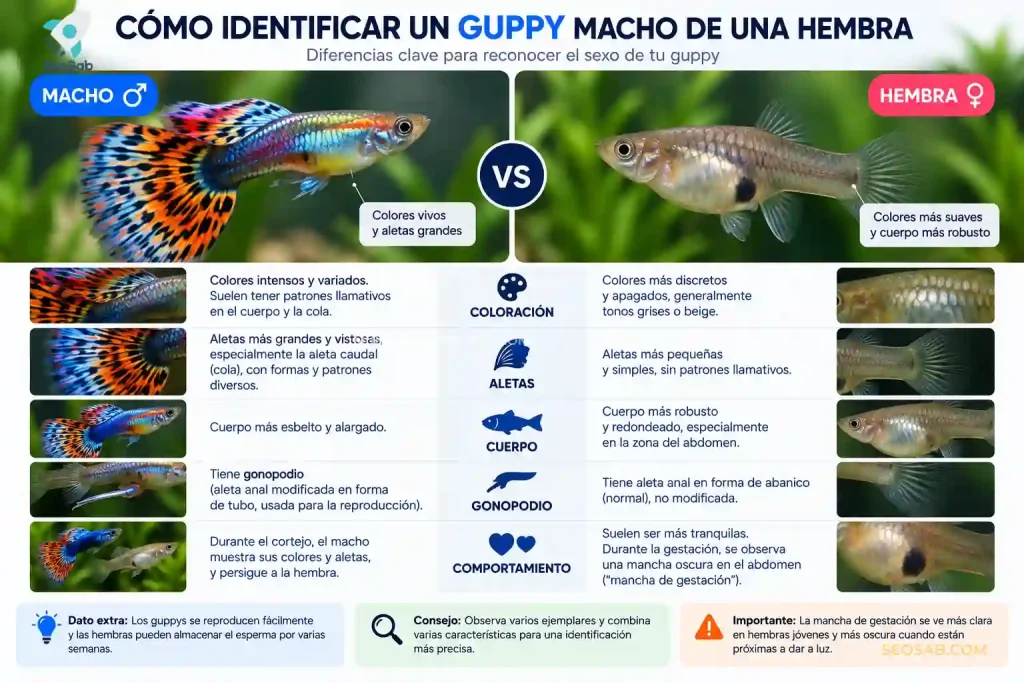 Pez guppy macho vs hembra